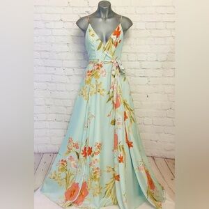 Lulu’s Still the One Maxi Dress Sage Green Coral Floral Satin Slit Glam Sz S